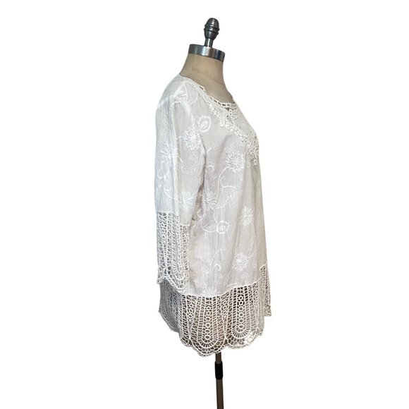 Chicos White Lace-Trim Tunic Top Size 2 Large 100% Cotton Embroidered - Picture 3 of 6